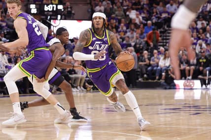 Oct 25, 2023; Salt Lake City, Utah, USA;  Utah Jazz guard Jordan Clarkson (00) controls the ball during the second half against the Sacramento Kings at Delta Center. Mandatory Credit: Chris Nicoll-USA TODAY Sports