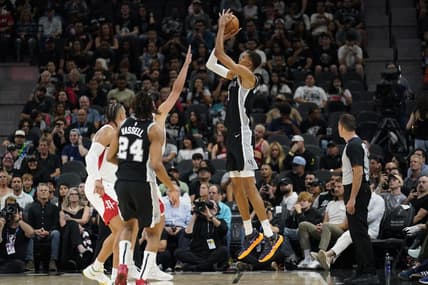 Oct 27, 2023; San Antonio, Texas, USA; San Antonio Spurs forward Victor Wembanyama (1) shoots during the first half against the Houston Rockets at Frost Bank Center. Mandatory Credit: Scott Wachter-USA TODAY Sports