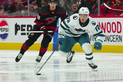 Oct 27, 2023; Raleigh, North Carolina, USA; San Jose Sharks center William Eklund (72) skates with the puck against the Carolina Hurricanes during the second period at PNC Arena. Mandatory Credit: James Guillory-USA TODAY Sports