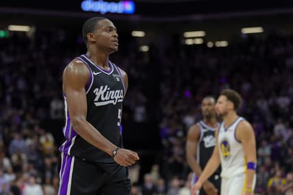 Oct 27, 2023; Sacramento, California, USA; Sacramento Kings guard De'Aaron Fox (5) looks on during the fourth quarter against the Golden State Warriors at Golden 1 Center. Mandatory Credit: Sergio Estrada-USA TODAY Sports