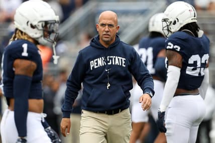 Oct 28, 2023; University Park, Pennsylvania, USA; Penn State Nittany Lions head coach James Franklin walks on the field during warmups before the game against the Indiana Hoosiers at Beaver Stadium. Mandatory Credit: Matthew O'Haren-USA TODAY Sports