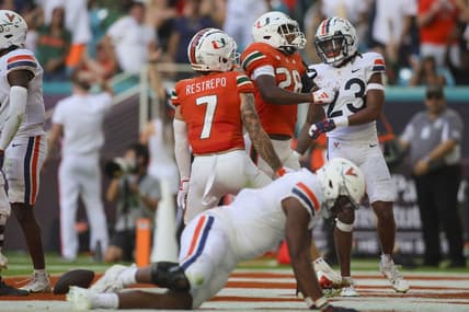 Oct 28, 2023; Miami Gardens, Florida, USA; Miami Hurricanes running back Ajay Allen (28) celebrates after scoring a touchdown against the Virginia Cavaliers during the third quarter at Hard Rock Stadium. Mandatory Credit: Sam Navarro-USA TODAY Sports