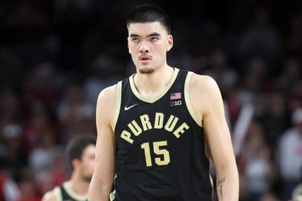 Oct 28, 2023; Fayetteville, AR, USA; Purdue Boilermakers center Zach Edey (15) reacts during a game against the Arkansas Razorbacks at Bud Walton Arena. Arkansas won 81-77. Mandatory Credit: Nelson Chenault-USA TODAY Sports
