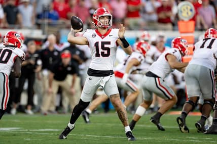 Georgia Bulldogs quarterback Carson Beck (15) throws the ball during the second half against the Florida Gators at Everbank Stadium in Jacksonville, FL on Saturday, October 28, 2023. [Matt Pendleton/Gainesville Sun]
