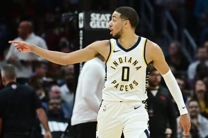 Oct 28, 2023; Cleveland, Ohio, USA; Indiana Pacers guard Tyrese Haliburton (0) taunts the crowd after shooting a three point basket during the second half against the Cleveland Cavaliers at Rocket Mortgage FieldHouse. Mandatory Credit: Ken Blaze-USA TODAY Sports