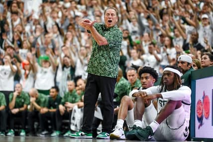 Michigan State's head coach Tom Izzo calls out to a referee during the first half in the game against Tennessee on Sunday, Oct. 29, 2023, at the Breslin Center in East Lansing.