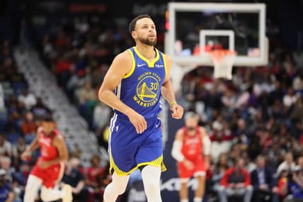 Oct 30, 2023; New Orleans, Louisiana, USA; Golden State Warriors guard Stephen Curry (30) runs down the court after making a 3-point shot in the first quarter at Smoothie King Center. Mandatory Credit: Matthew Dobbins-USA TODAY Sports
