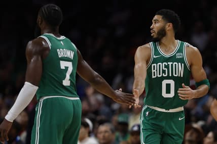 Oct 30, 2023; Washington, District of Columbia, USA; Boston Celtics forward Jayson Tatum (0) celebrates with Celtics guard Jaylen Brown (7) against the Washington Wizards in the third quarter at Capital One Arena. Mandatory Credit: Geoff Burke-USA TODAY Sports