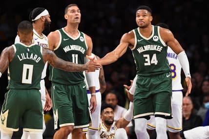Milwaukee Bucks' Damian Lillard, Giannis Antetokounmpo