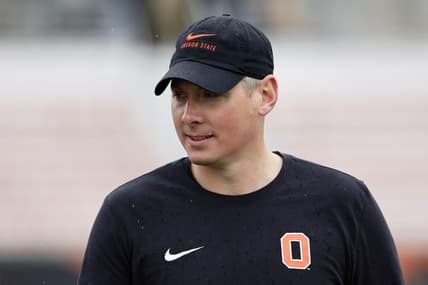 Apr 16, 2022; Corvallis, OR, USA; Oregon State interim defensive coordinator Trent Bray looks on during the Oregon State spring football game at Reser Stadium. Mandatory Credit: Soobum Im-USA TODAY Sports