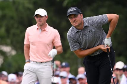 May 20, 2022; Tulsa, Oklahoma, USA; Jordan Spieth (right) watches his shot on the seventh tee alongside Rory McIlroy during the second round of the PGA Championship golf tournament at Southern Hills Country Club. Mandatory Credit: Orlando Ramirez-USA TODAY Sports