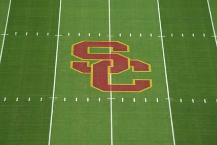 Sep 17, 2022; Los Angeles, California, USA; The SC Trojans logo at midfield at United Airlines Field at Los Angeles Memorial Coliseum before a game between the Fresno State Bulldogs and the Southern California Trojans. Mandatory Credit: Kirby Lee-USA TODAY Sports