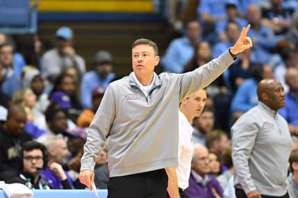 Nov 20, 2022; Chapel Hill, North Carolina, USA; James Madison Dukes head coach Mark Byington reacts in the second half at Dean E. Smith Center. Mandatory Credit: Bob Donnan-USA TODAY Sports