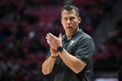 Dec 5, 2022; San Diego, California, USA; Troy Trojans head coach Scott Cross looks on during the first half against the San Diego State Aztecs at Viejas Arena. Mandatory Credit: Orlando Ramirez-USA TODAY Sports