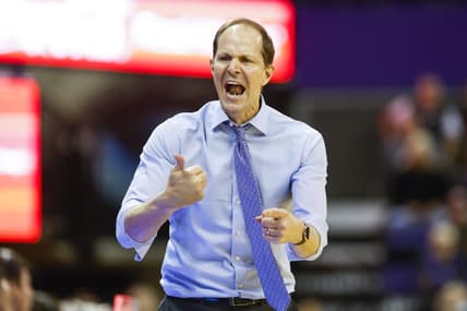 Jan 26, 2023; Seattle, Washington, USA; Washington Huskies head coach Mike Hopkins speaks to players on the bench during the second half against the Arizona State Sun Devils at Alaska Airlines Arena at Hec Edmundson Pavilion. Mandatory Credit: Joe Nicholson-USA TODAY Sports