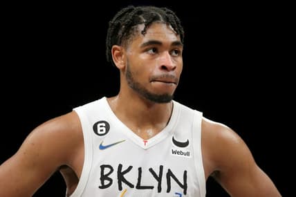 Feb 4, 2023; Brooklyn, New York, USA; Brooklyn Nets guard Cam Thomas (24) reacts during the fourth quarter against the Washington Wizards at Barclays Center. Mandatory Credit: Brad Penner-USA TODAY Sports