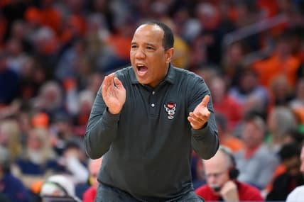 Feb 14, 2023; Syracuse, New York, USA; North Carolina State Wolfpack head coach Kevin Keatts reacts to a play against the Syracuse Orange during the second half at the JMA Wireless Dome. Mandatory Credit: Rich Barnes-USA TODAY Sports