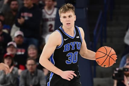 Feb 11, 2023; Spokane, Washington, USA; Brigham Young Cougars guard Dallin Hall (30) controls the ball against the Gonzaga Bulldogs in the second half at McCarthey Athletic Center. Mandatory Credit: James Snook-USA TODAY Sports