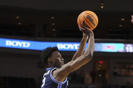 March 4, 2023; Las Vegas, NV, USA; Brigham Young Cougars guard Jaxson Robinson (2) shoots the basketball during the first half in the quarterfinals of the WCC Basketball Championships at Orleans Arena. Mandatory Credit: Kyle Terada-USA TODAY Sports