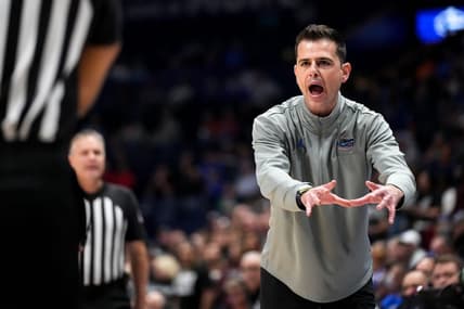 Florida head coach Todd Golden disputes a call during the first half of a second round SEC Men's Basketball Tournament game against Mississippi State at Bridgestone Arena in Nashville, Tenn., Thursday, March 9, 2023.

Syndication The Tennessean