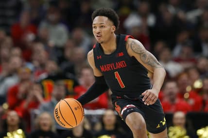 Mar 10, 2023; Chicago, IL, USA; Maryland Terrapins guard Jahmir Young (1) brings the ball up court against the Indiana Hoosiers during the first half at United Center. Mandatory Credit: Kamil Krzaczynski-USA TODAY Sports