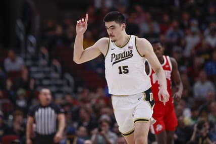 Mar 11, 2023; Chicago, IL, USA; Purdue Boilermakers center Zach Edey (15) reacts after scoring against the Ohio State Buckeyes during the first half at United Center. Mandatory Credit: Kamil Krzaczynski-USA TODAY Sports
