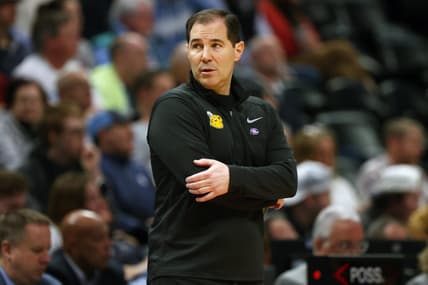 Mar 19, 2023; Denver, CO, USA; Baylor Bears head coach Scott Drew looks on in the first half against the Creighton Bluejays at Ball Arena. Mandatory Credit: Michael Ciaglo-USA TODAY Sports
