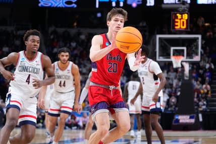 Mar 19, 2023; Albany, NY, USA; Saint Mary's Gaels guard Aidan Mahaney (20) receives a pass against the Connecticut Huskies during the first half at MVP Arena. Mandatory Credit: Gregory Fisher-USA TODAY Sports