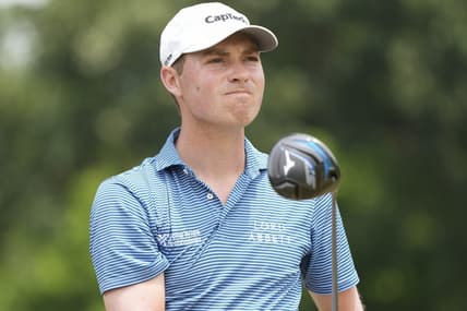 May 27, 2023; Fort Worth, Texas, USA; Ben Griffin watches his shot from the third tee during the third round of the Charles Schwab Challenge golf tournament. Mandatory Credit: Jim Cowsert-USA TODAY Sports
