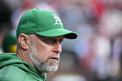 Aug 15, 2023; St. Louis, Missouri, USA;  Oakland Athletics manager Mark Kotsay (7) looks on from the dugout before a game against the St. Louis Cardinals at Busch Stadium. Mandatory Credit: Jeff Curry-USA TODAY Sports