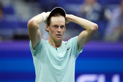 Sep 4, 2023; Flushing, NY, USA; Jannik Sinner of Italy reacts to an error against Alexander Zverev of Germany on day eight of the 2023 U.S. Open tennis tournament at USTA Billie Jean King National Tennis Center. Mandatory Credit: Danielle Parhizkaran-USA TODAY Sports