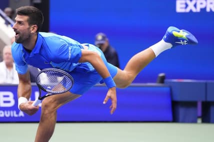 Sep 10, 2023; Flushing, NY, USA; Novak Djokovic of Serbia serves against Daniil Medvedev (not pictured) in the men's singles final on day fourteen of the 2023 U.S. Open tennis tournament at USTA Billie Jean King National Tennis Center. Mandatory Credit: Robert Deutsch-USA TODAY Sports