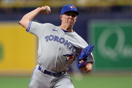 Sep 23, 2023; St. Petersburg, Florida, USA;  Toronto Blue Jays relief pitcher Chad Green (37) throws a pitch against the Tampa Bay Rays in the sixth inning at Tropicana Field. Mandatory Credit: Nathan Ray Seebeck-USA TODAY Sports