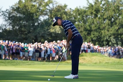 Sep 29, 2023; Rome, ITA; Team USA golfer Rickie Fowler putts on the ninth green during day one foursomes round for the 44th Ryder Cup golf competition at Marco Simone Golf and Country Club. Mandatory Credit: Kyle Terada-USA TODAY Sports