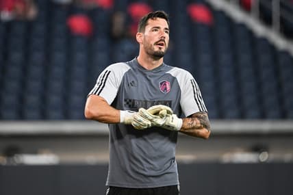 Sep 30, 2023; St. Louis, Missouri, USA; St. Louis City goalkeeper Roman Burki looks on during warmups before a game against Sporting Kansas City at CITYPARK. Mandatory Credit: Joe Puetz-USA TODAY Sports