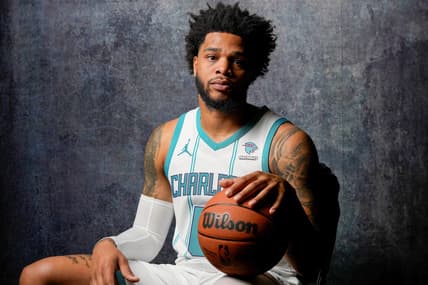 Oct 2, 2023; Charlotte, North Carolina, USA;  Charlotte Hornets Miles Bridges (0) poses for a photo during Charlotte Hornets Media Day at the Spectrum Center. Mandatory Credit: Jim Dedmon-USA TODAY Sports