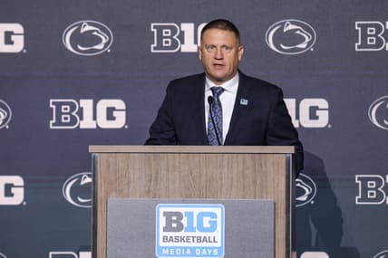 Oct 10, 2023; Minneapolis, MN, USA; Penn State Nittany Lions head coach Mike Rhoades speaks to the media during the Big Ten basketball media days at Target Center. Mandatory Credit: Matt Krohn-USA TODAY Sports