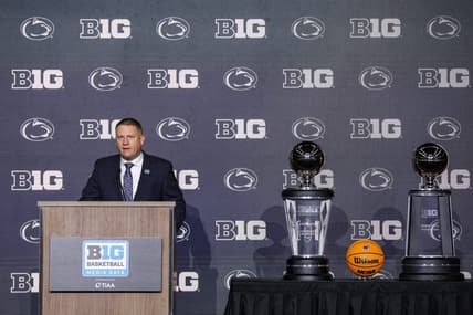 Oct 10, 2023; Minneapolis, MN, USA; Penn State Nittany Lions head coach Mike Rhoades speaks to the media during the Big Ten basketball media days at Target Center. Mandatory Credit: Matt Krohn-USA TODAY Sports