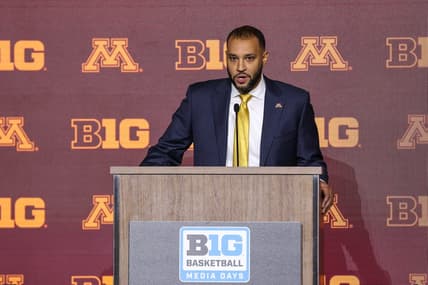 Oct 10, 2023; Minneapolis, MN, USA; Minnesota Golden Gophers head coach Ben Johnson speaks to the media during the Big Ten basketball media days at Target Center. Mandatory Credit: Matt Krohn-USA TODAY Sports