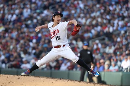 Oct 10, 2023; Minneapolis, Minnesota, USA; Minnesota Twins relief pitcher Kenta Maeda (18) pitches in the sixth inning against the Houston Astros during game three of the ALDS for the 2023 MLB playoffs at Target Field. Mandatory Credit: Jesse Johnson-USA TODAY Sports