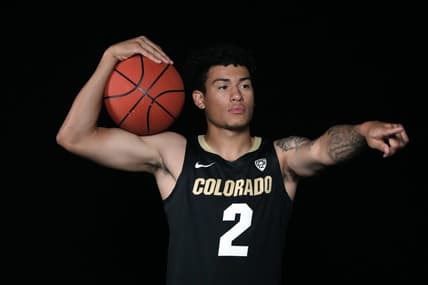 Oct 11, 2023; Las Vegas, NV, USA; Colorado Buffaloes guard KJ Simpson (2) poses during Pac-12 Media Day at Park MGM Las Vegas Conference Center. Mandatory Credit: Kirby Lee-USA TODAY Sports