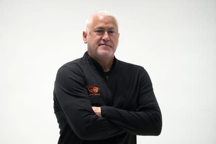 Oct 11, 2023; Las Vegas, NV, USA; Oregon State Beavers coach Wayne Tinkle poses during Pac-12 Media Day at Park MGM Las Vegas Conference Center. Mandatory Credit: Kirby Lee-USA TODAY Sports