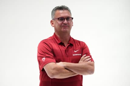 Oct 11, 2023; Las Vegas, NV, USA; Washington State Cougars coach Kyle Smith poses during Pac-12 Media Day at Park MGM Las Vegas Conference Center. Mandatory Credit: Kirby Lee-USA TODAY Sports