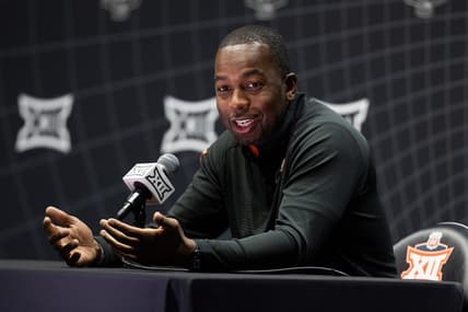 Oct 18, Kansas City, MO, USA; Oklahoma State head coach Mike Boynton answers questions at the Big 12 Men s Basketball Tipoff at T-Mobile Center. Mandatory Credit: Kylie Graham-USA TODAY Sports