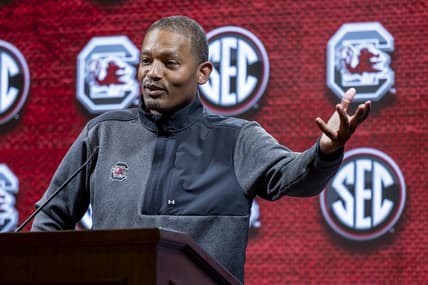 Oct 18, 2023; Brimingham, AL, USA; South Carolina Gamecocks head coach Lamont Paris talks with the media during the SEC Basketball Tipoff at Grand Bohemian Hotel Mountain Brook. Mandatory Credit: Vasha Hunt-USA TODAY Sports