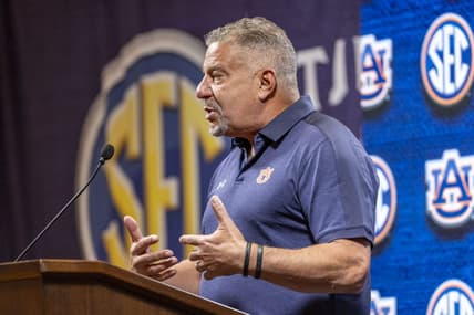 Oct 18, 2023; Birmingham, AL, USA; Auburn Tigers head coach Bruce Pearl talks with the media during the SEC Basketball Tipoff at Grand Bohemian Hotel Mountain Brook. Mandatory Credit: Vasha Hunt-USA TODAY Sports