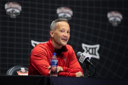 Oct 18, Kansas City, MO, USA; Texas Tech head coach Grant McCasland answers questions at the Big 12 Men s Basketball Tipoff at T-Mobile Center. Mandatory Credit: Kylie Graham-USA TODAY Sports
