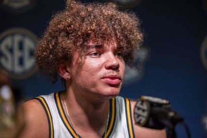 Oct 18, 2023; Birmingham, AL, USA; Missouri Tigers forward Noah Carter talks with the media during the SEC Basketball Tipoff at Grand Bohemian Hotel Mountain Brook. Mandatory Credit: Vasha Hunt-USA TODAY Sports