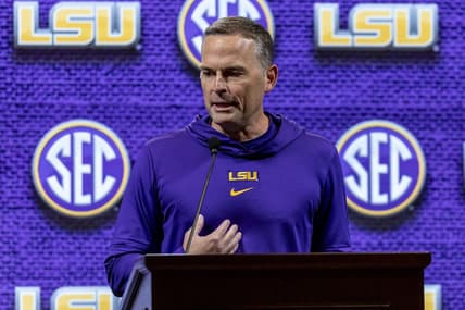 Oct 18, 2023; Birmingham, AL, USA; LSU Tigers head coach Matt McMahon talks with the media during the SEC Basketball Tipoff at Grand Bohemian Hotel Mountain Brook. Mandatory Credit: Vasha Hunt-USA TODAY Sports