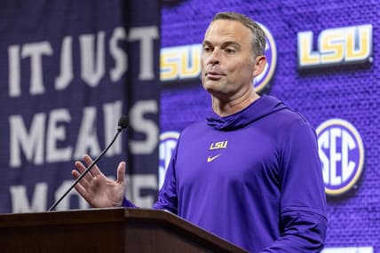 Oct 18, 2023; Birmingham, AL, USA; LSU Tigers head coach Matt McMahon talks with the media during the SEC Basketball Tipoff at Grand Bohemian Hotel Mountain Brook. Mandatory Credit: Vasha Hunt-USA TODAY Sports